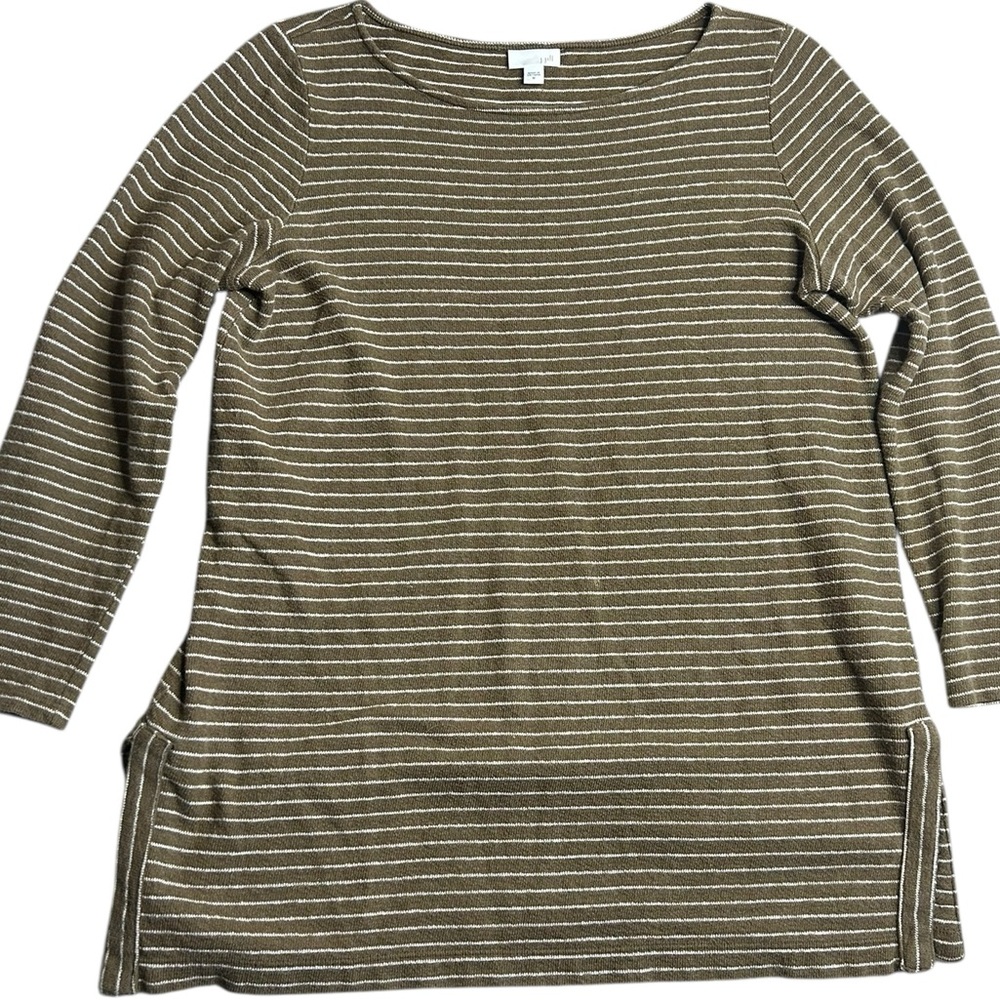 J.Jill Women’s Striped Tunic Top Olive Green White Long‎ Sleeve Soft Knit M